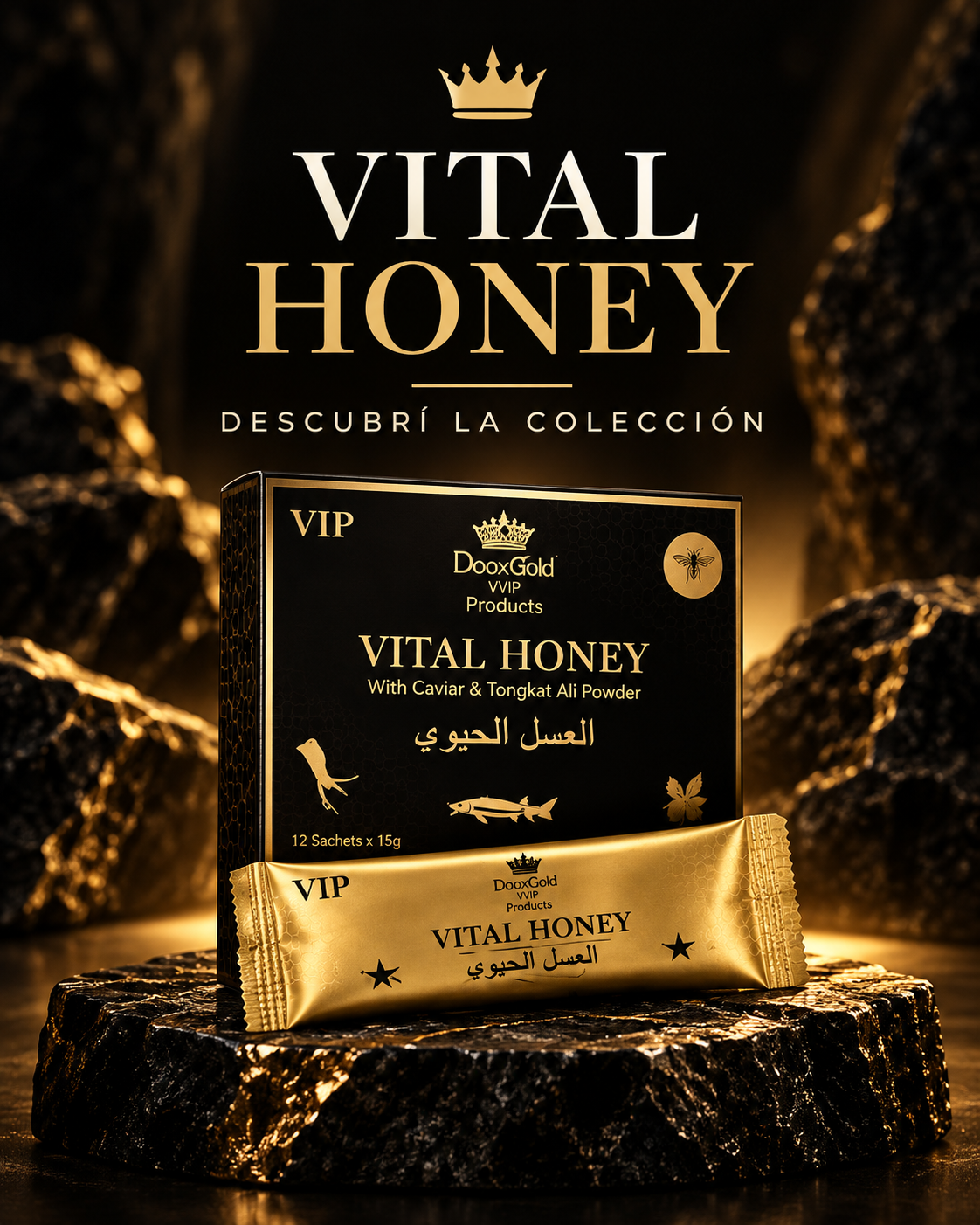 Vital Honey, caja negra con sobre dorado